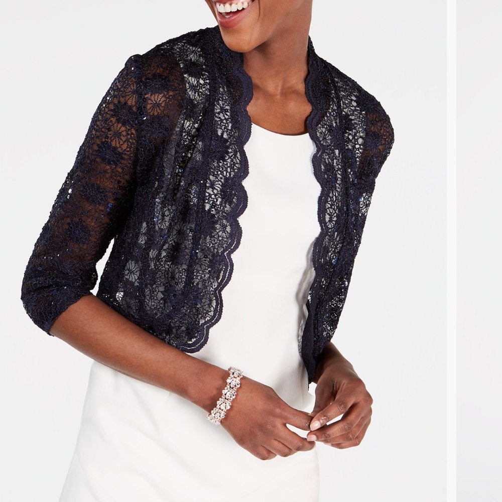 R&M Richards Navy Sequin Lace Bolero Jacket Coverup Wedding Guest Church Formal